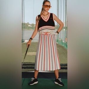 NWT J.Lindeberg Women's Nelly Korda White Red Pin Strip Knitted Midi Skirt - XS
